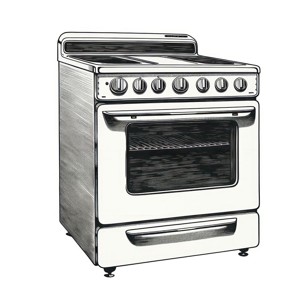 Silkscreen of stove appliance oven white background.