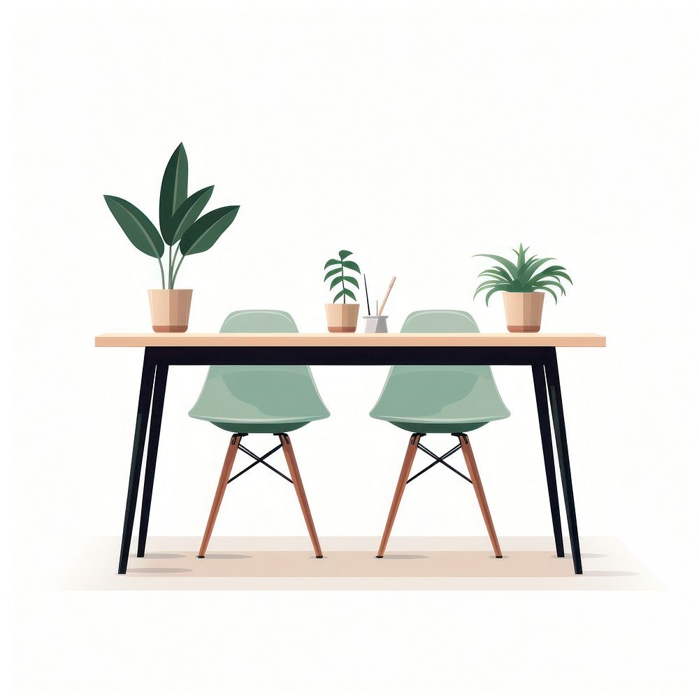 Table flat vector illustration furniture chair plant.