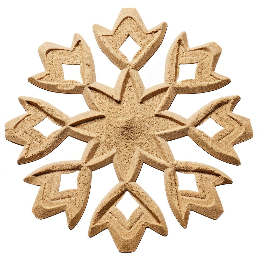Flat Sand Sculpture a snowflake gingerbread cookie white background.