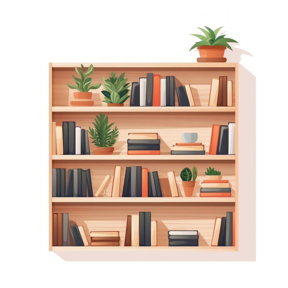 Bookshelf flat vector illustration furniture bookcase plant.