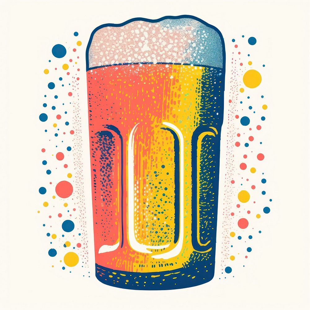 Beer Risograph style drink glass white background.