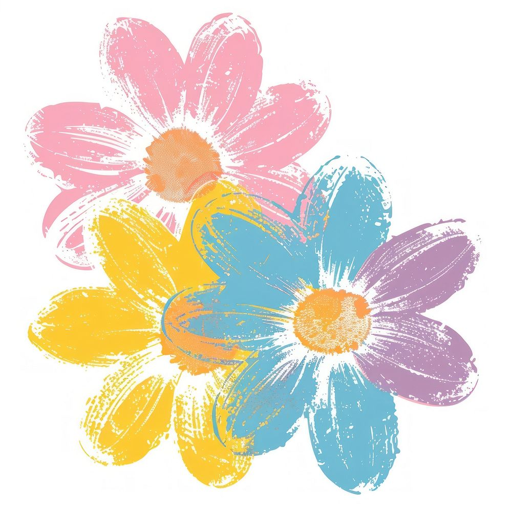 Flowers Risograph style painting pattern white background.