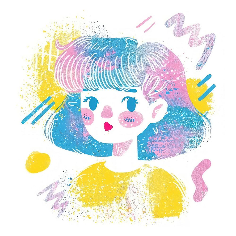 Girl Risograph style drawing sketch art.