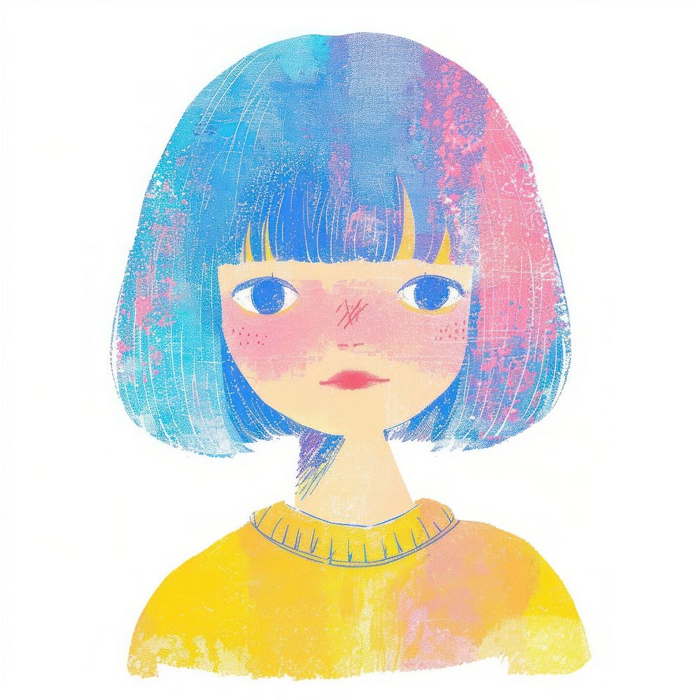 Girl Risograph style painting drawing sketch.