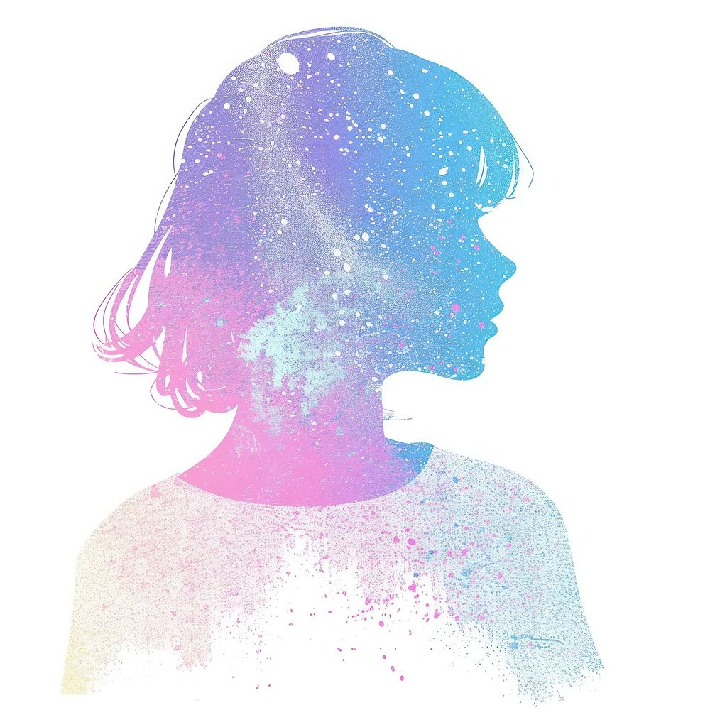 Girl Risograph style purple adult white background.