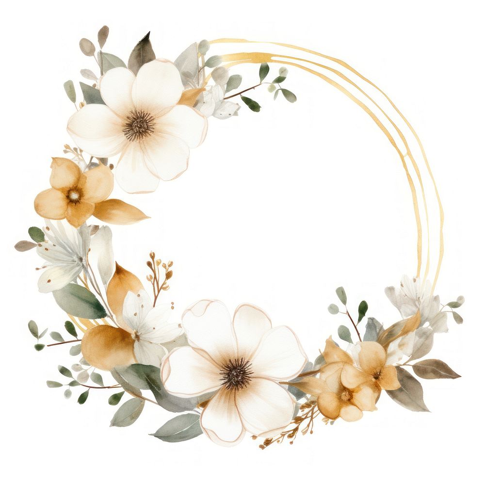 Gold white flowers frame white background celebration accessories.