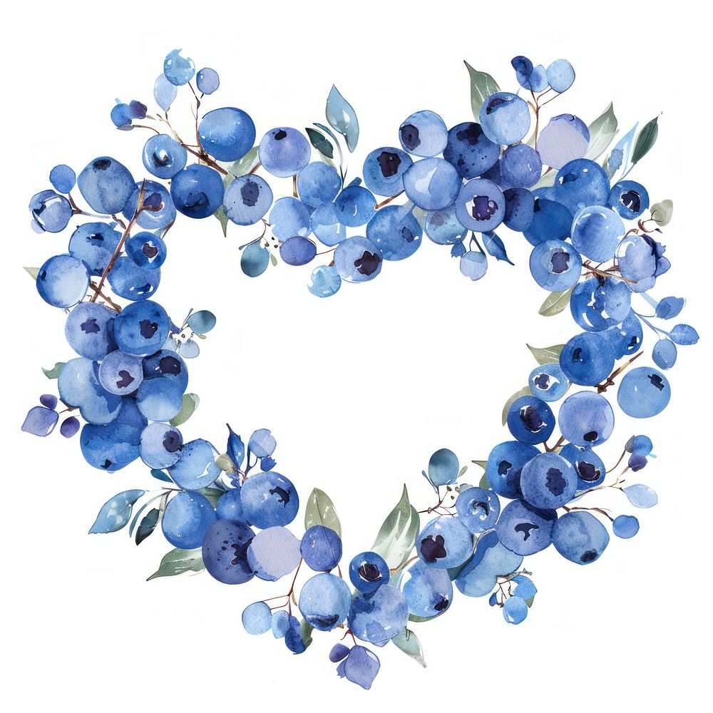 Blueberry border watercolor wreath plant heart.