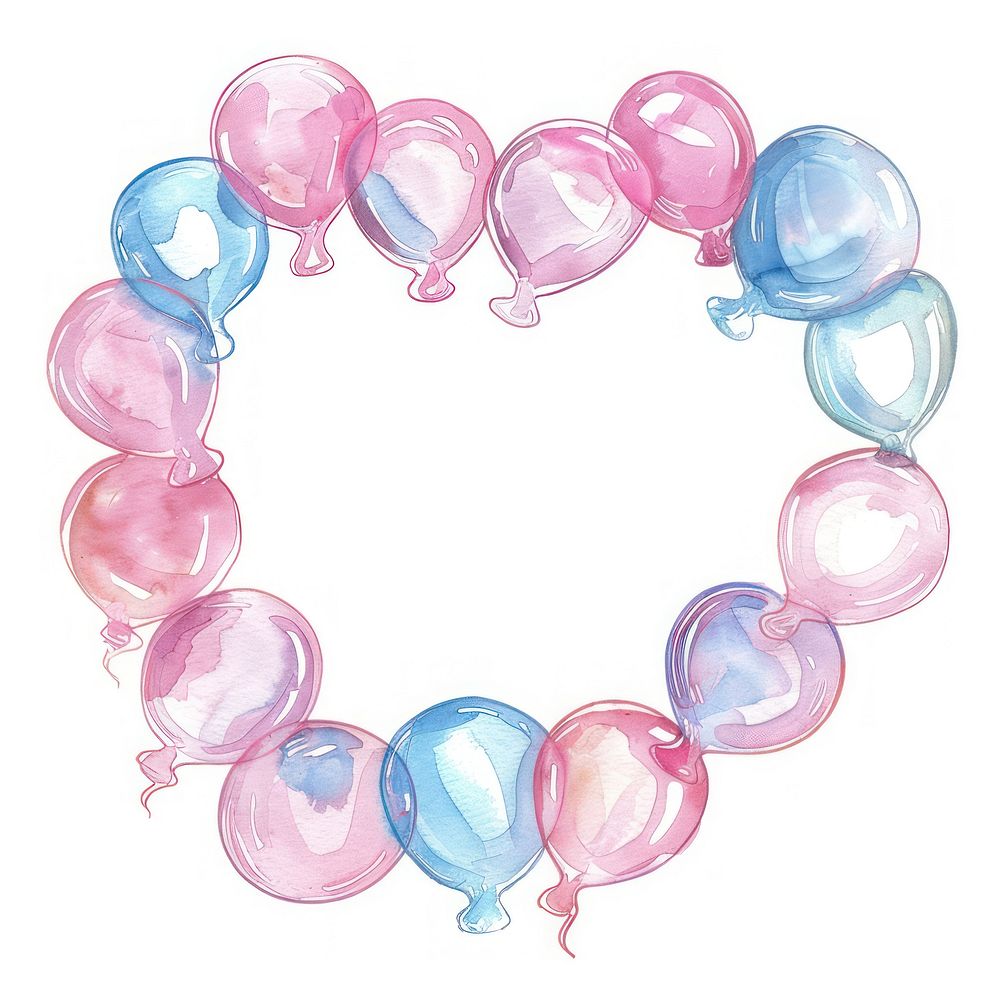 Bubble gums border watercolor balloon heart white background.