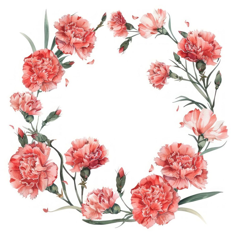 Carnation flowers border watercolor circle plant white background.