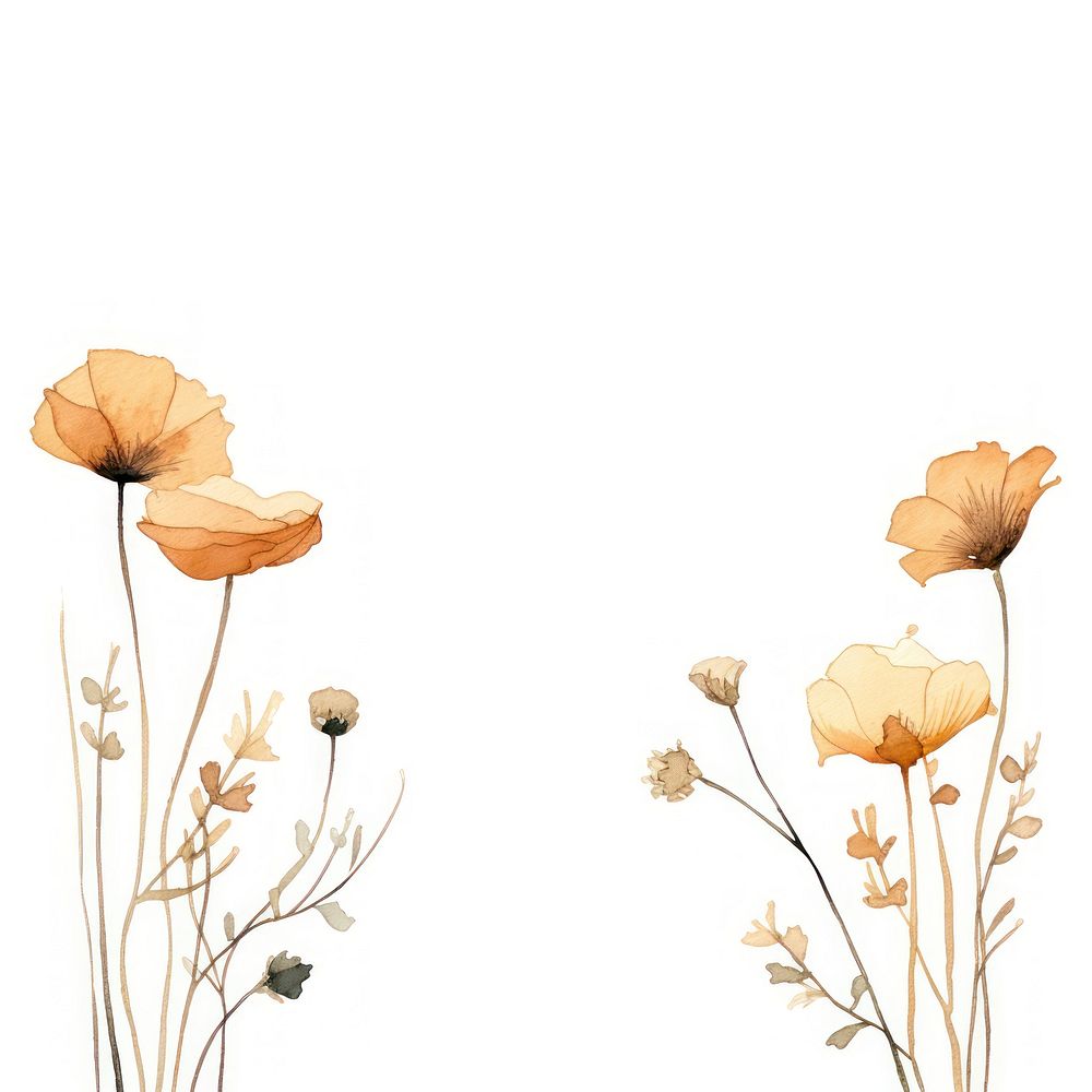 Dried poppy flowers frame plant white background illustrated.