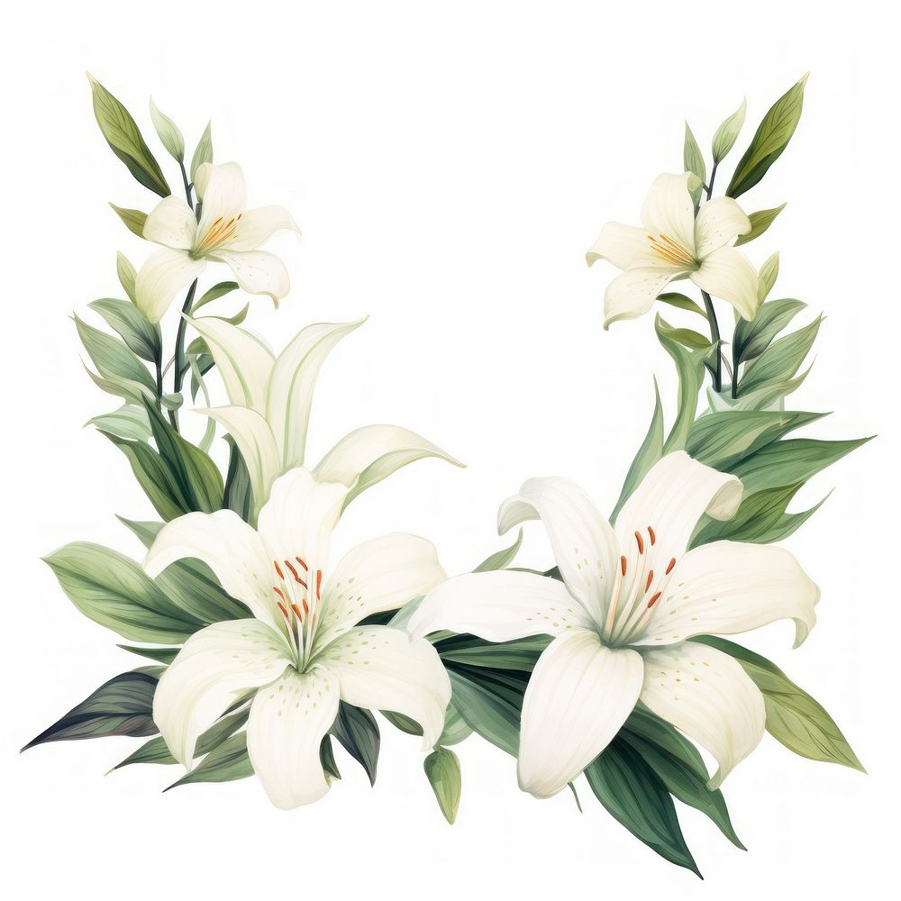 Lily flower and leaves frame plant white white background.