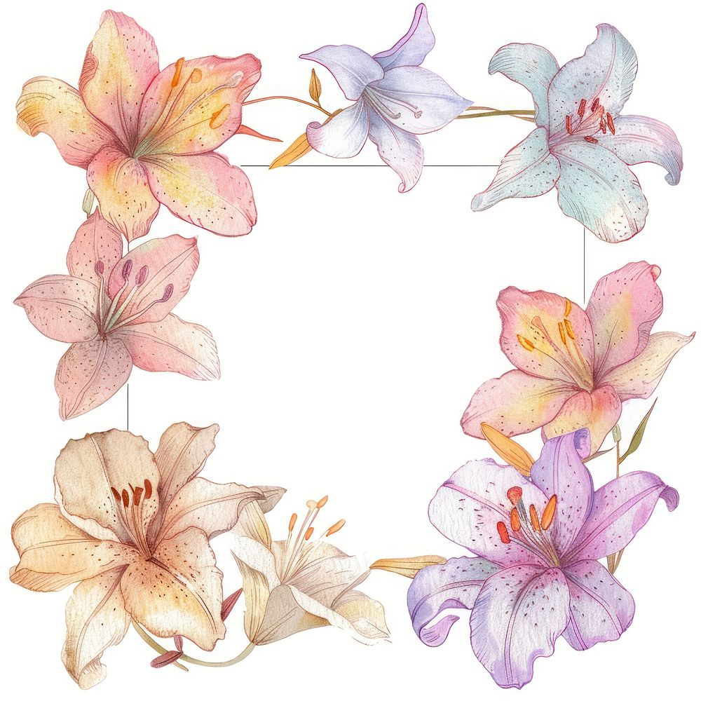 Lily flowers border watercolor petal plant white background.