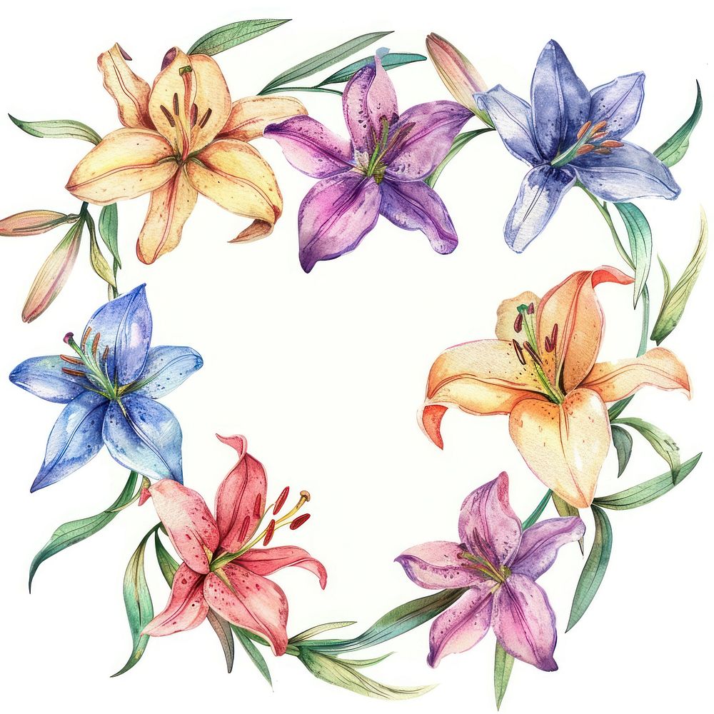 Lily flowers border watercolor pattern plant art.