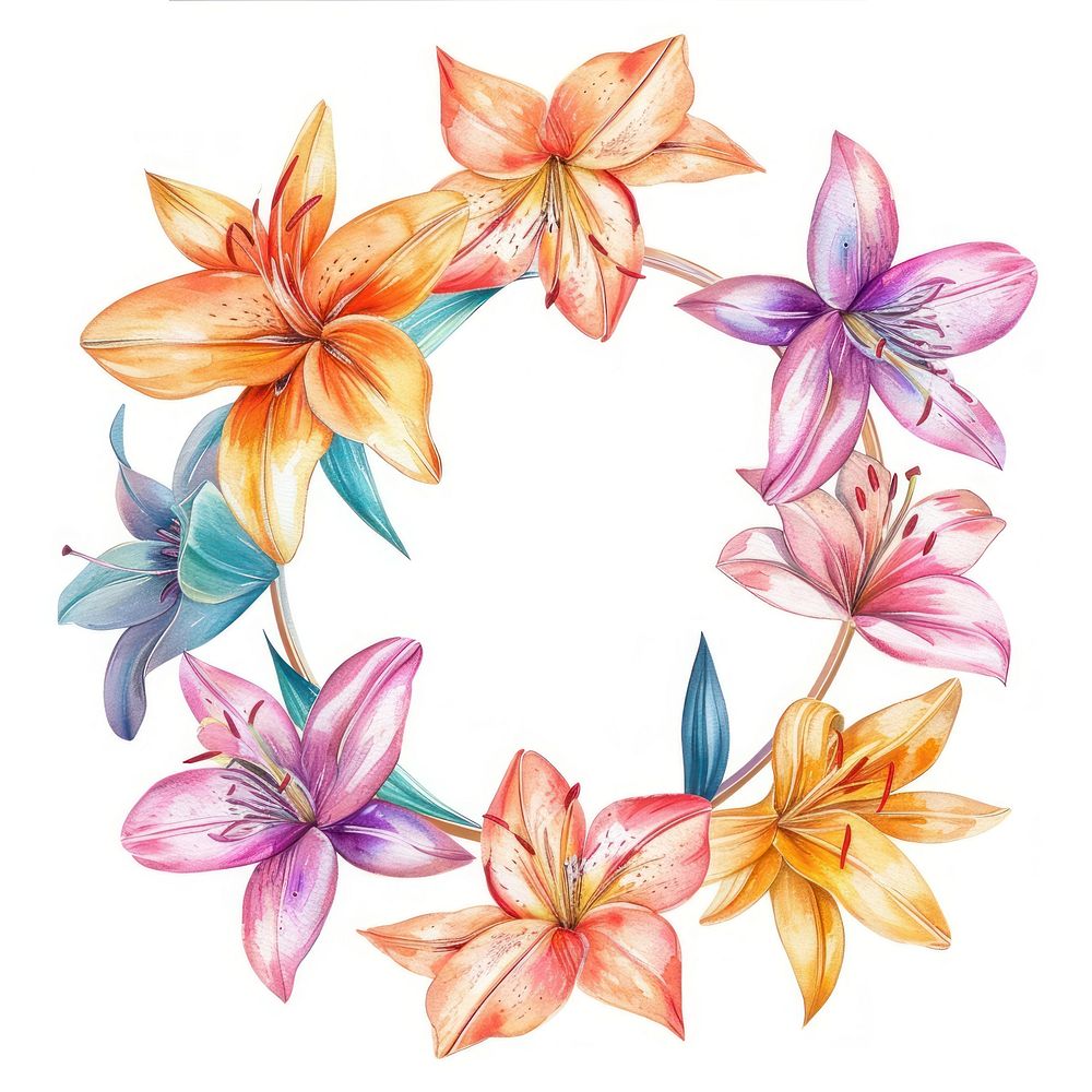 Lily flowers border watercolor pattern circle wreath.