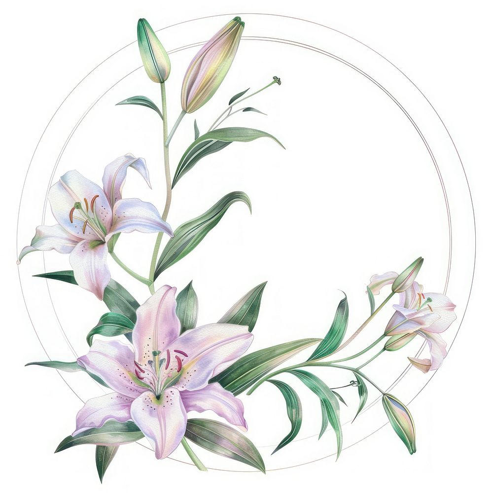 Lily flowers border watercolor circle plant white background.