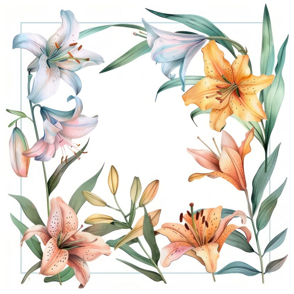 Lily flowers border watercolor pattern plant white background.