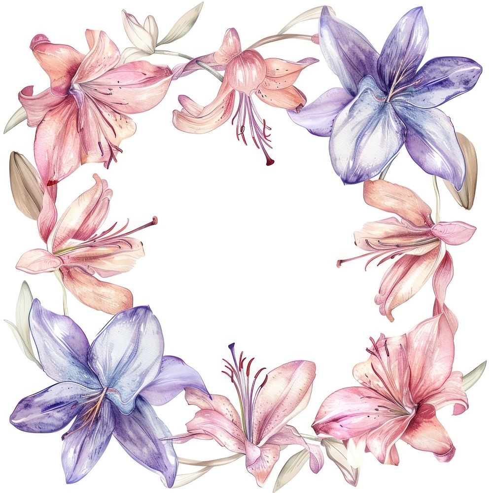 Lily flowers border watercolor wreath plant white background.