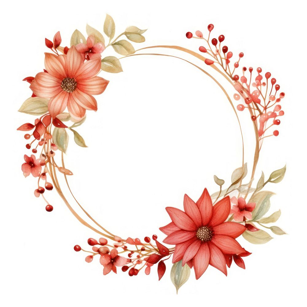 Red gold flower wreath pattern plant white background.