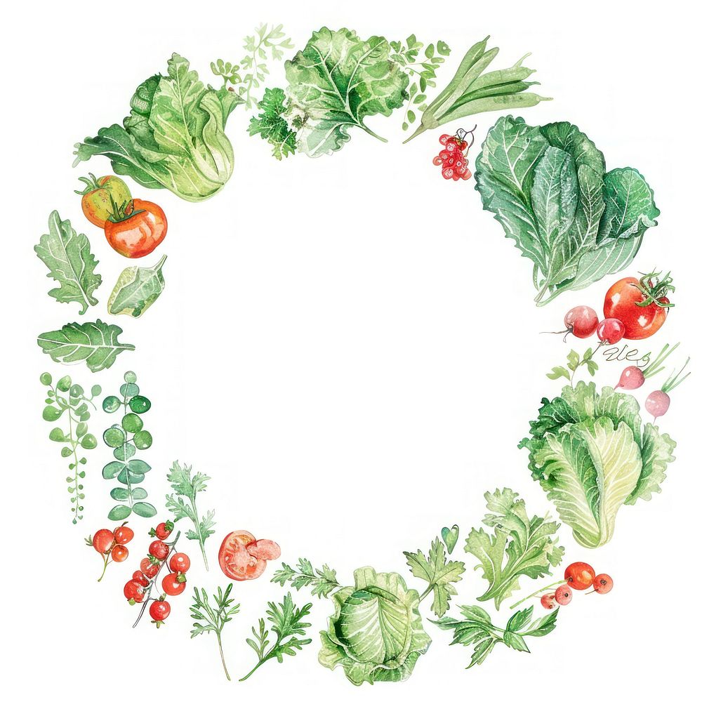 Salad border watercolor vegetable lettuce circle.