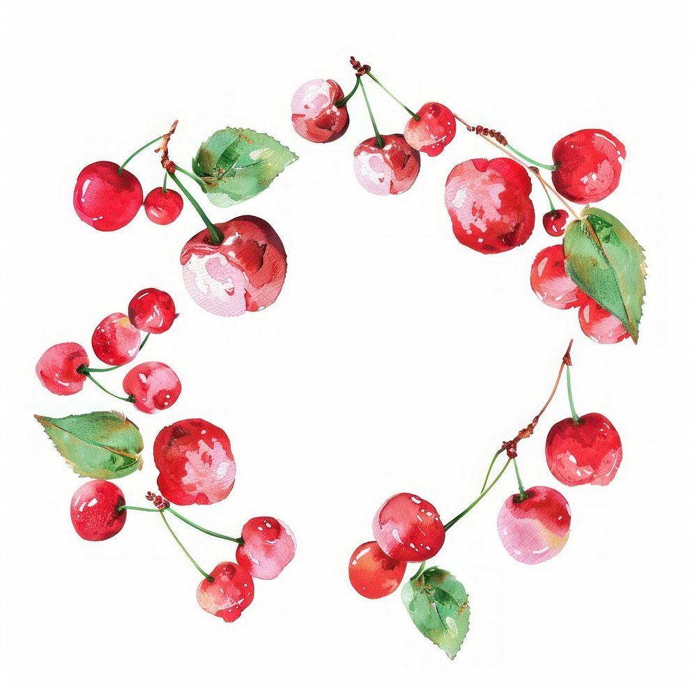 Cherry circle border watercolor plant food white background.