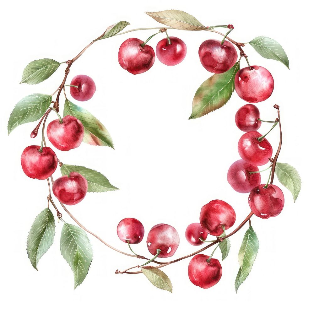 Cherry circle border watercolor plant food white background.
