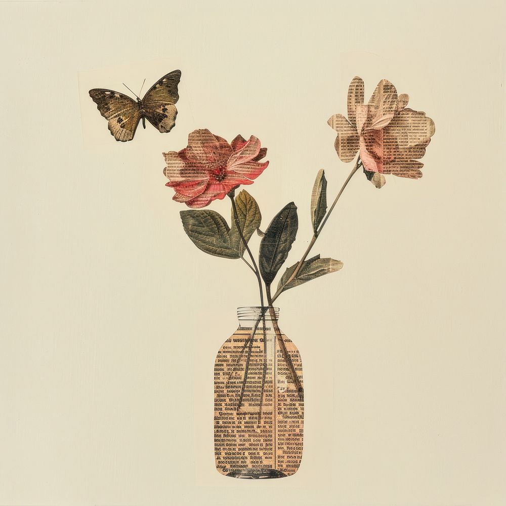 Ephemera minimal flower vase art butterfly painting.