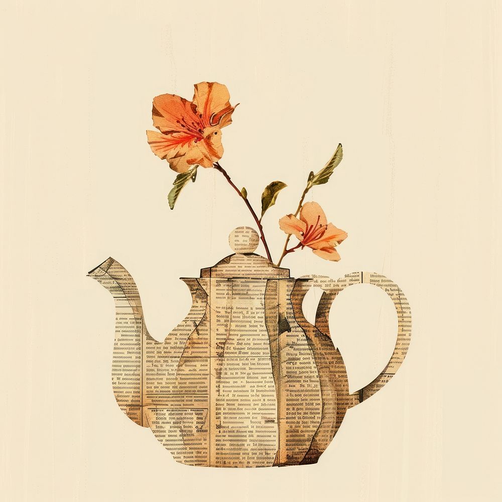 Ephemera paper tea kettle art teapot flower.