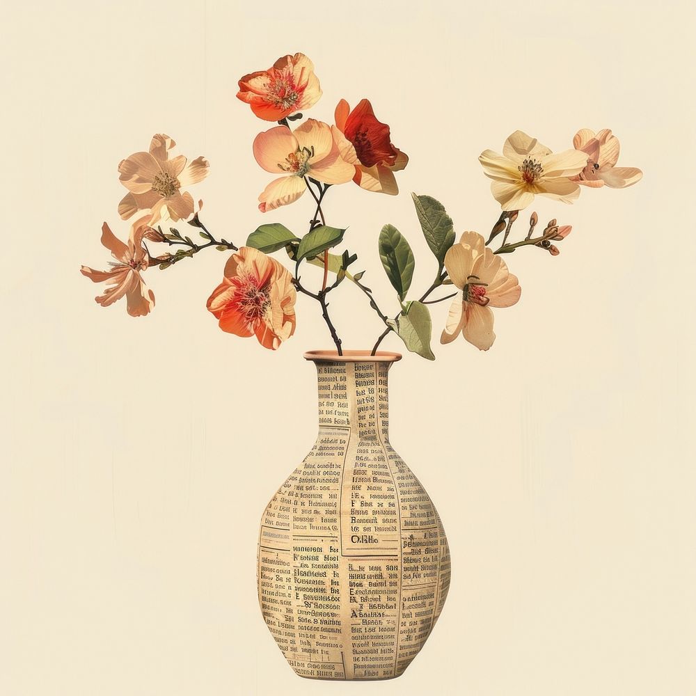 Ephemera paper flower vase art painting plant.