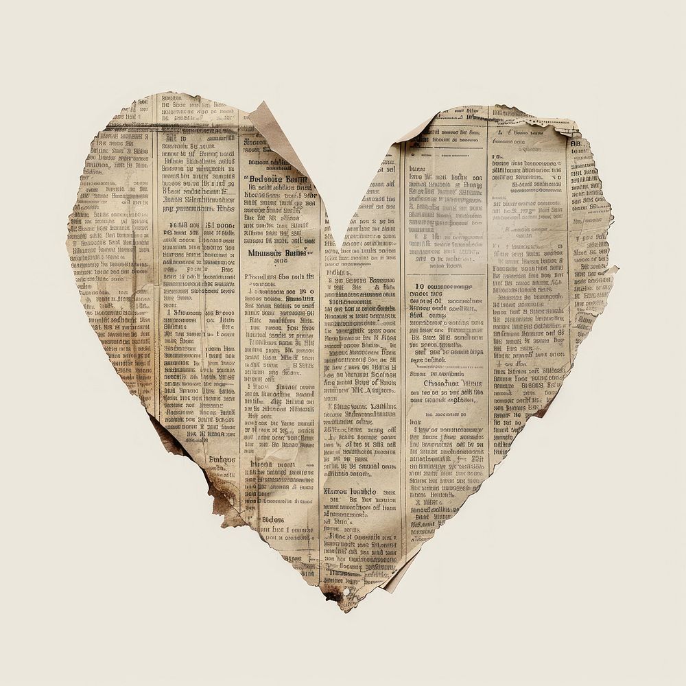 Ephemera paper minimal heart newspaper text page.