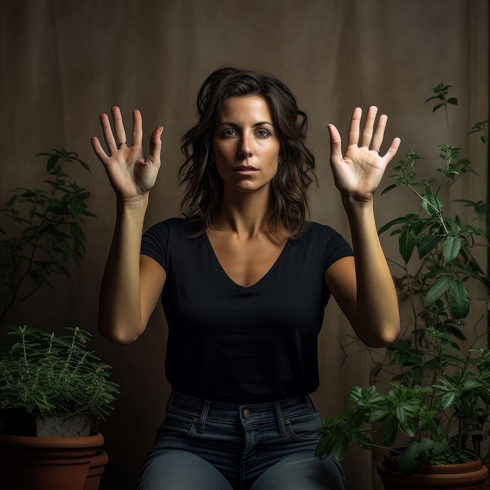 Woman with her hands raised in agesture portrait plant photography.