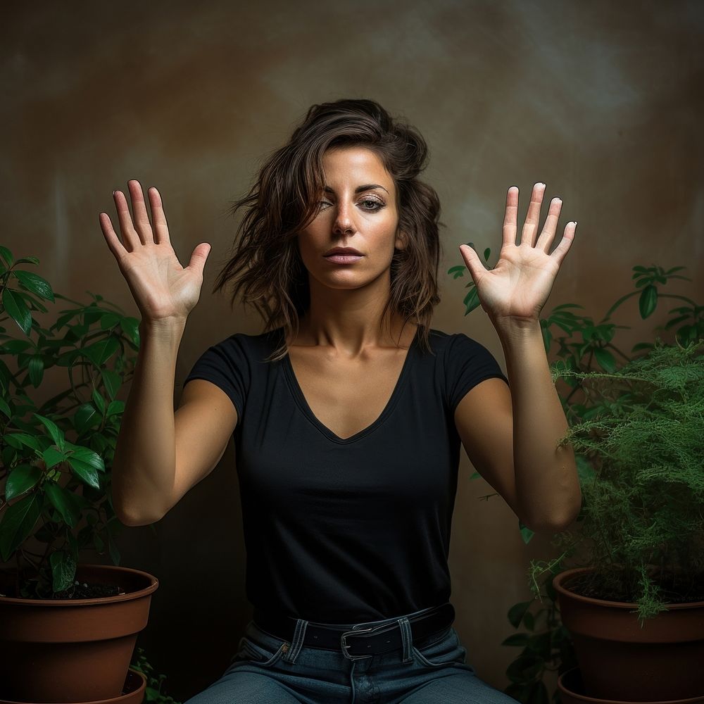 Woman with her hands raised in agesture portrait plant photography.