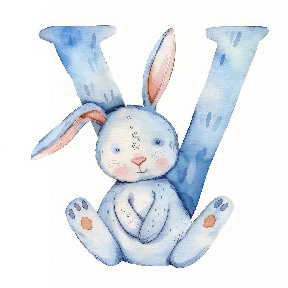 Bunny alphabet V rabbit art watercolor painting.