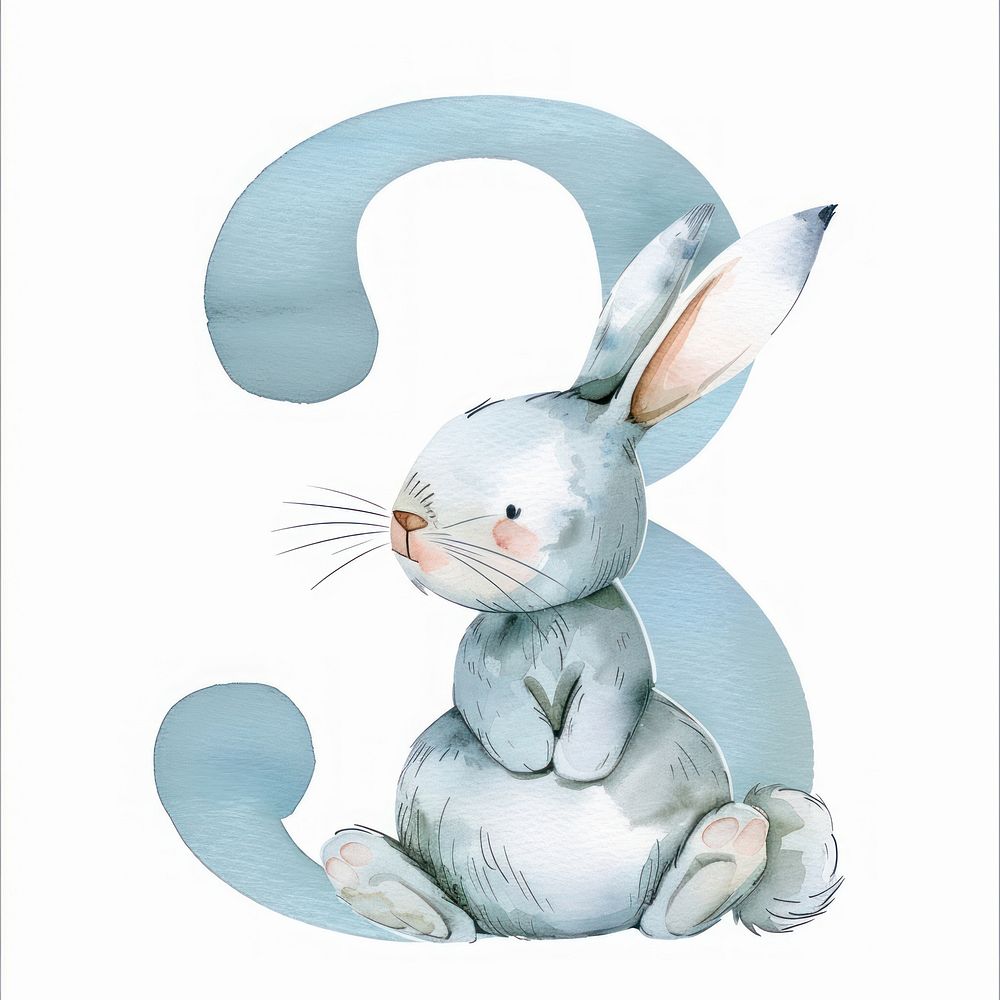 Bunny alphabet 3 rabbit watercolor painting representation.