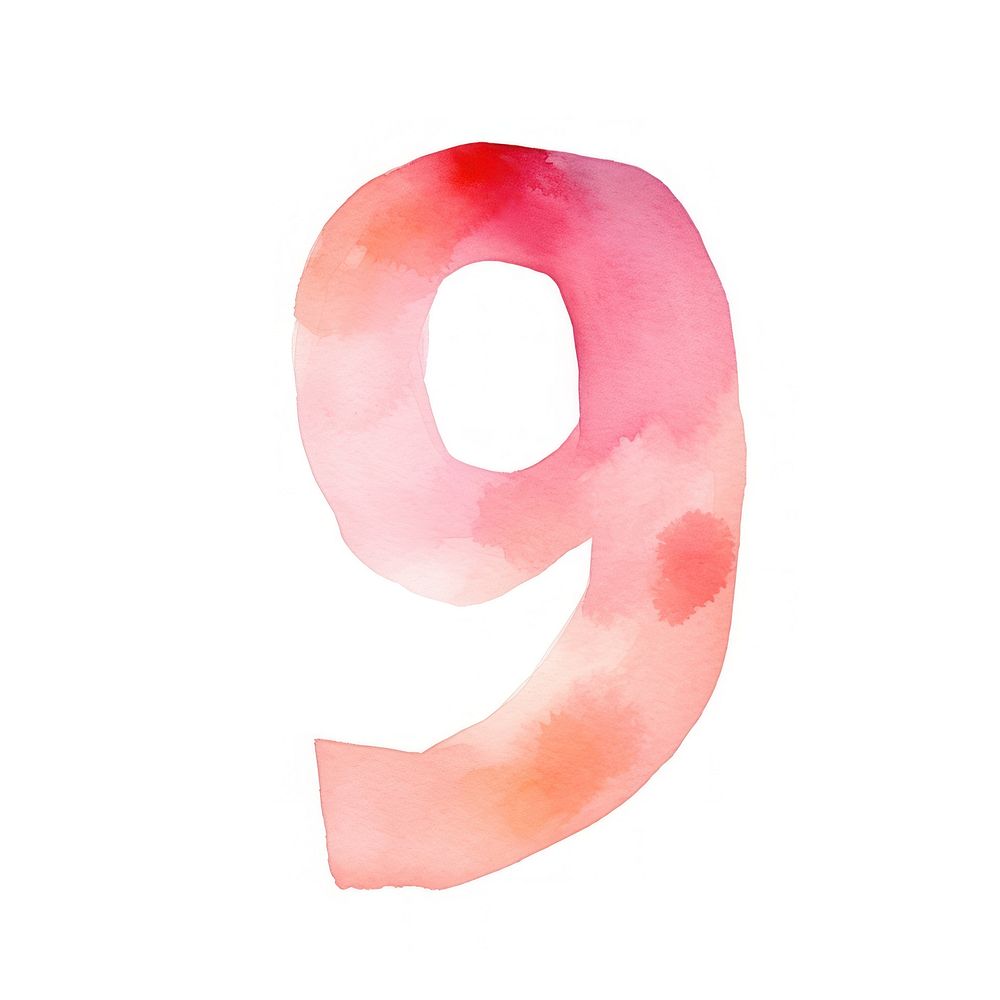 Watercolor illustration number letter 9 text white background pattern.