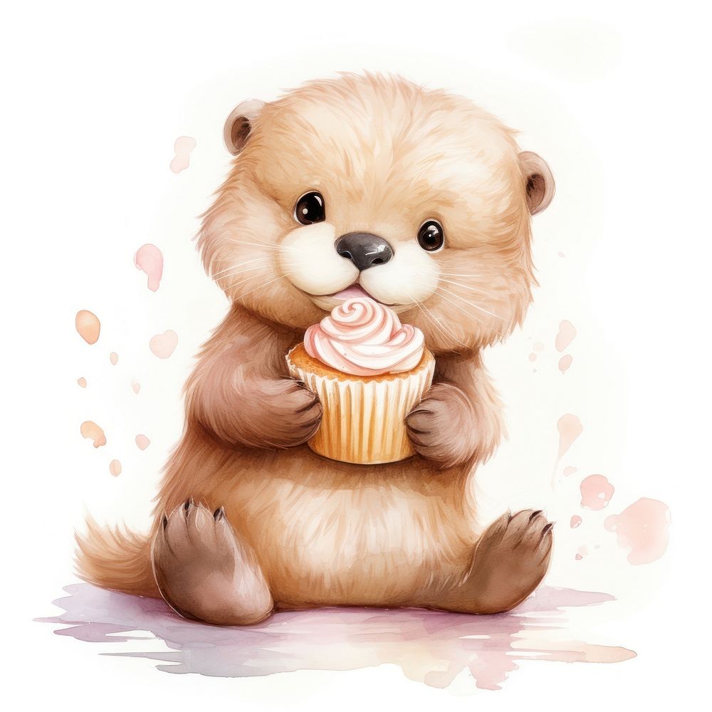 Otter eating cupcake dessert cartoon mammal.