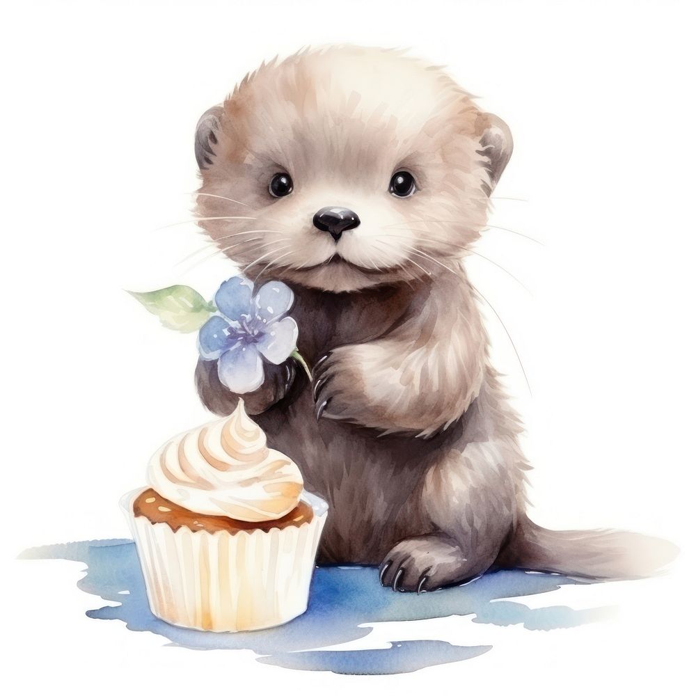 Otter eating cupcake animal dessert cartoon.