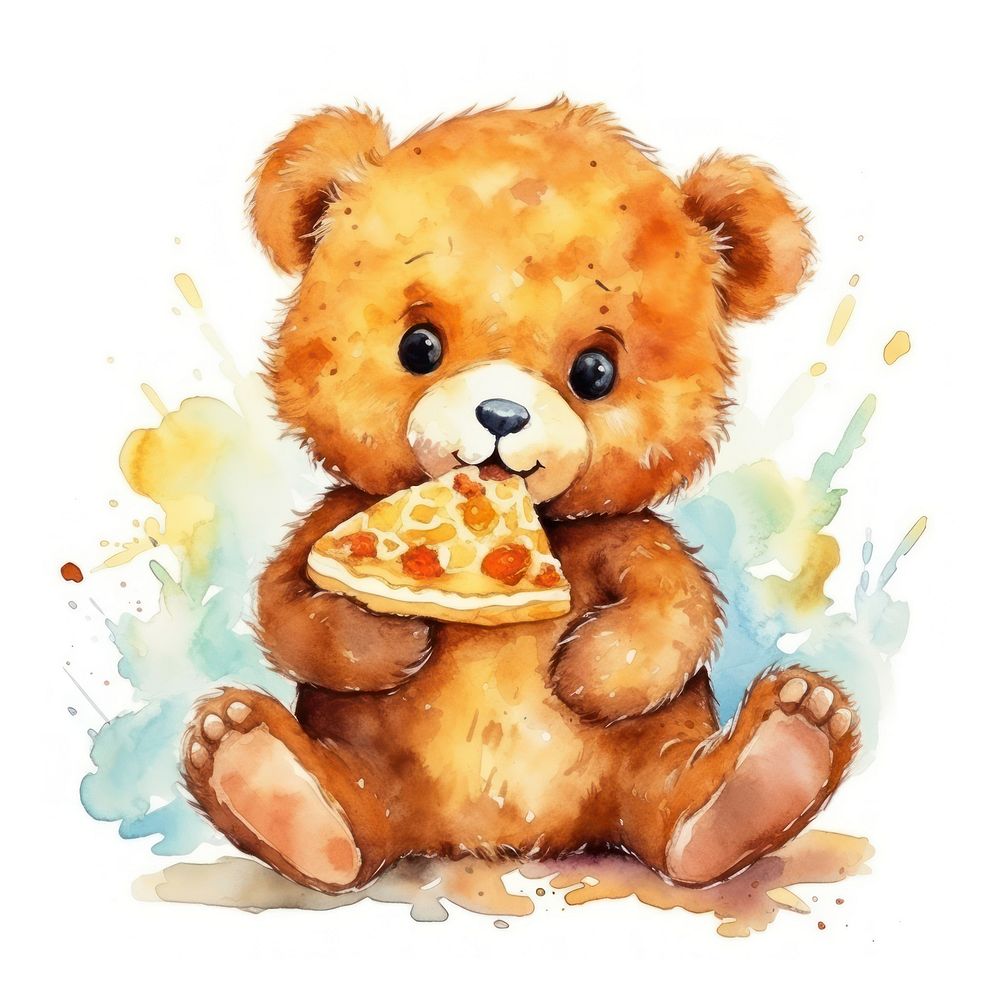 Bear eating pizza cartoon cute food.