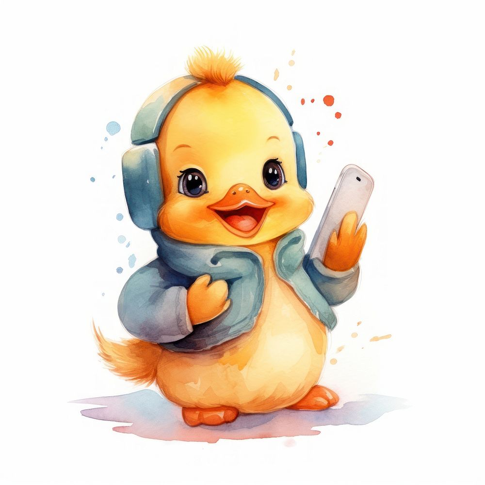 Duck hugging phone cartoon animal cute.