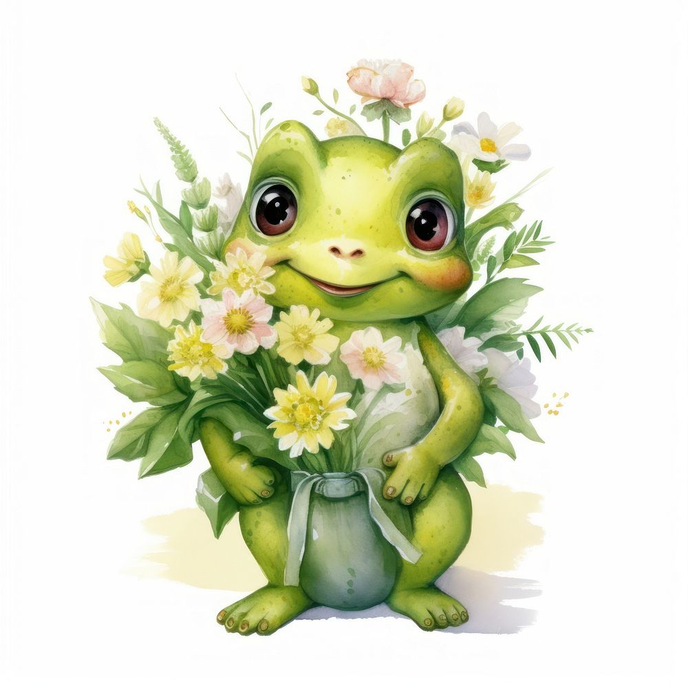 Frog hugging bouquet animal amphibian cartoon.