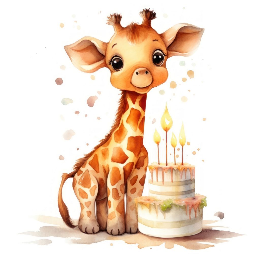 Giraffe hugging big cake dessert cartoon mammal.