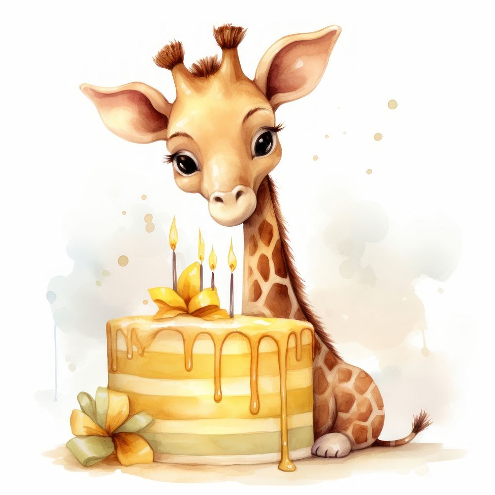 Giraffe hugging big cake animal dessert cartoon.