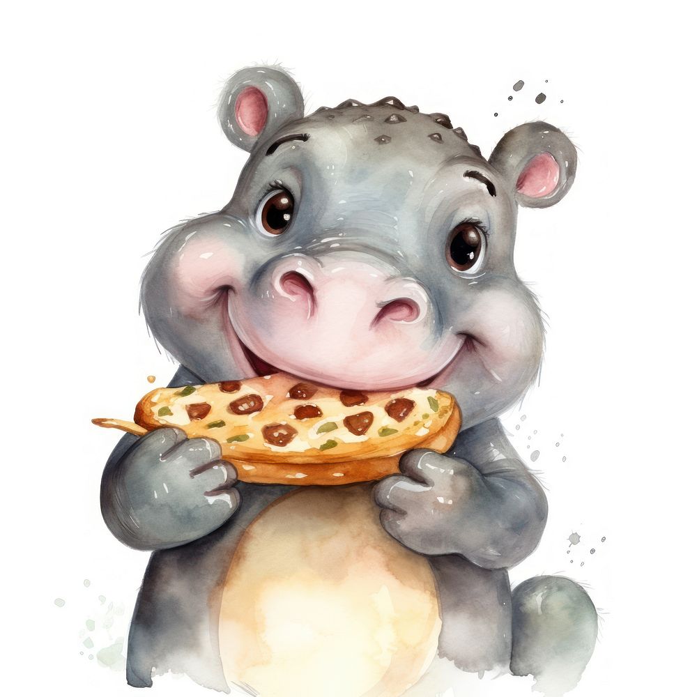 Hippo eating pizza animal cartoon | Free Photo Illustration - rawpixel