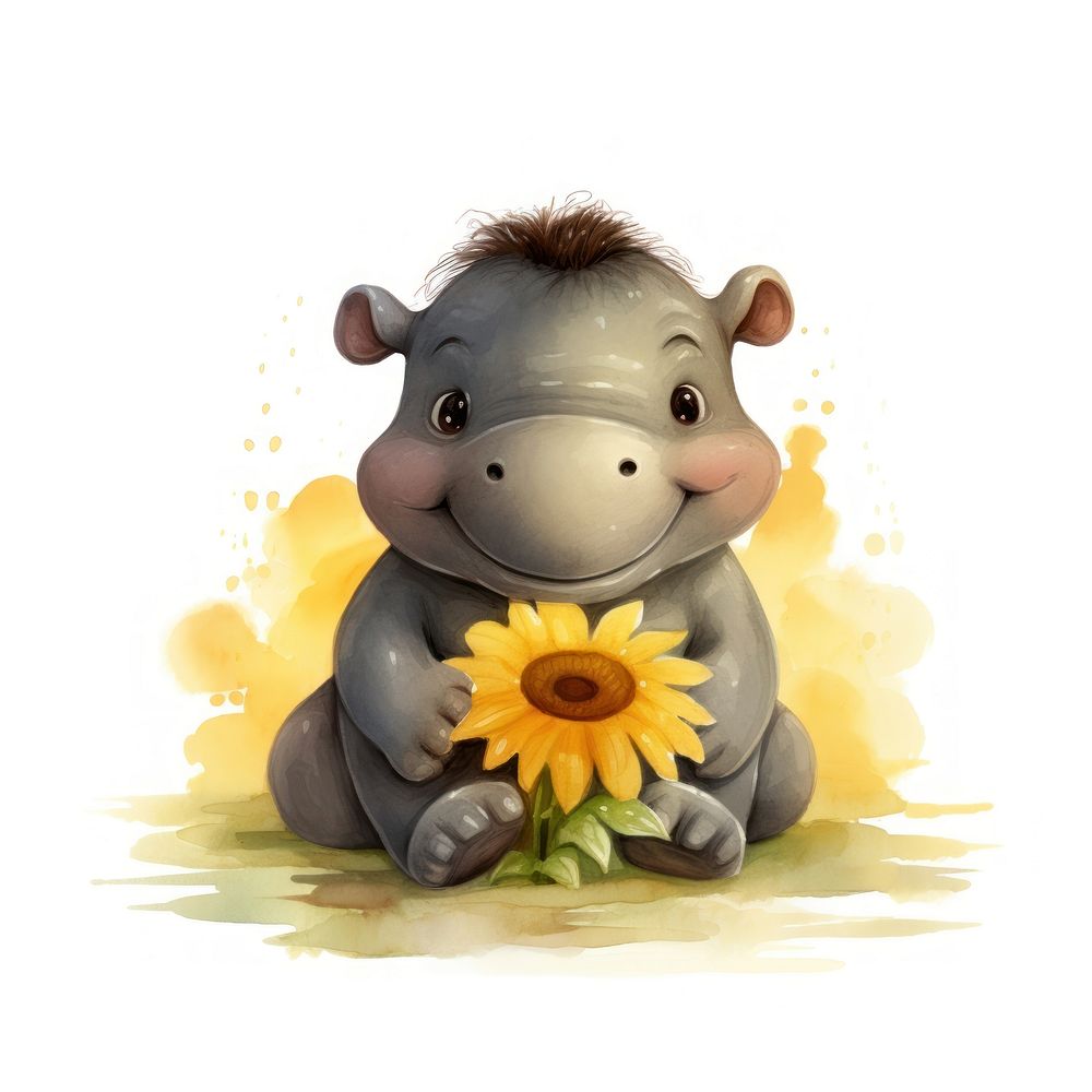 Hippo hugging sunflower animal cartoon mammal.