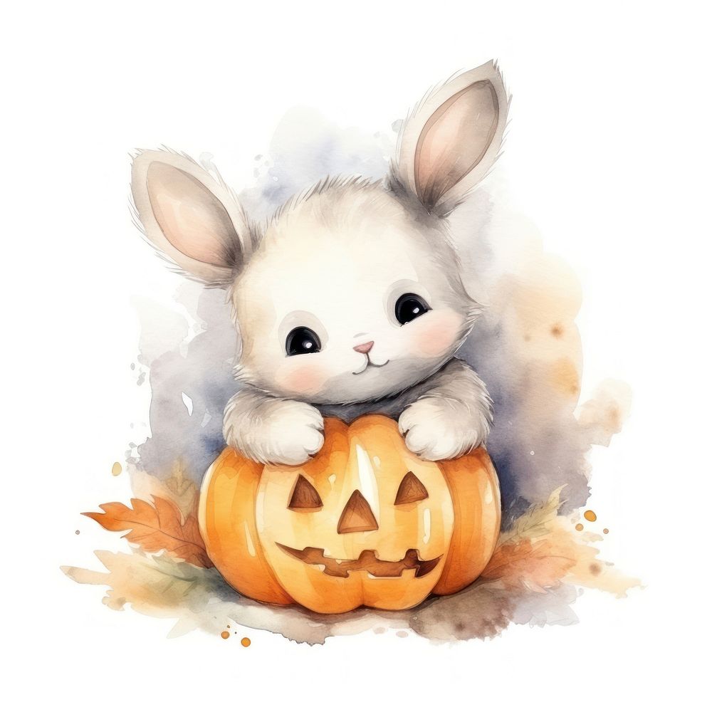 Rabbit hugging halloween pumpkin vegetable cartoon mammal.