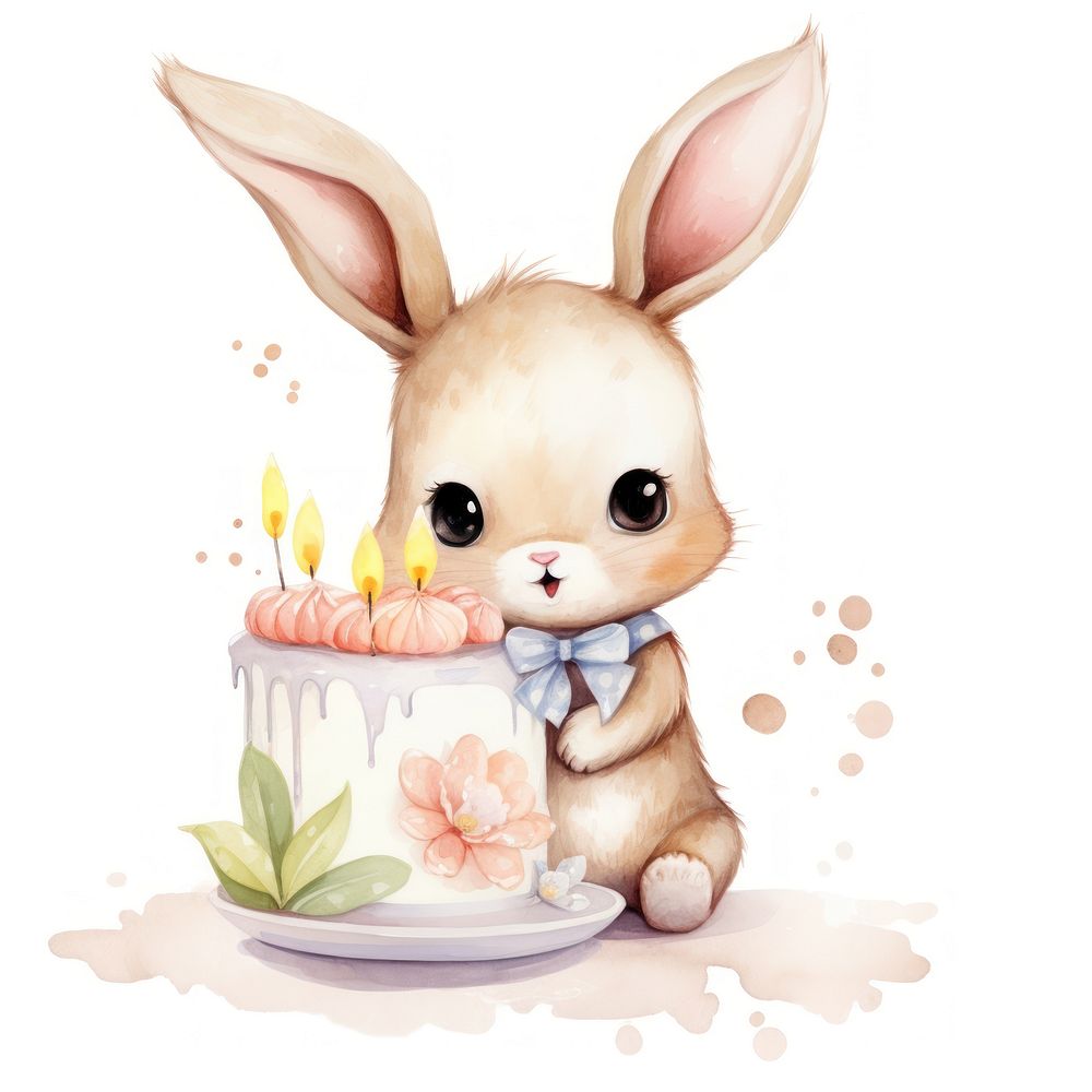Rabbit hugging big cake animal dessert cartoon.