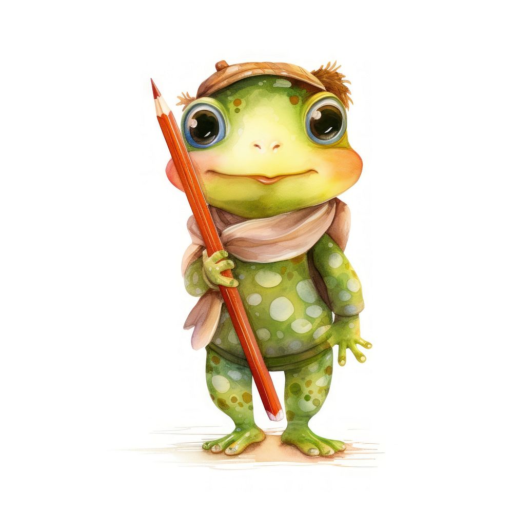 Student frog hugging large pencil animal amphibian cartoon.