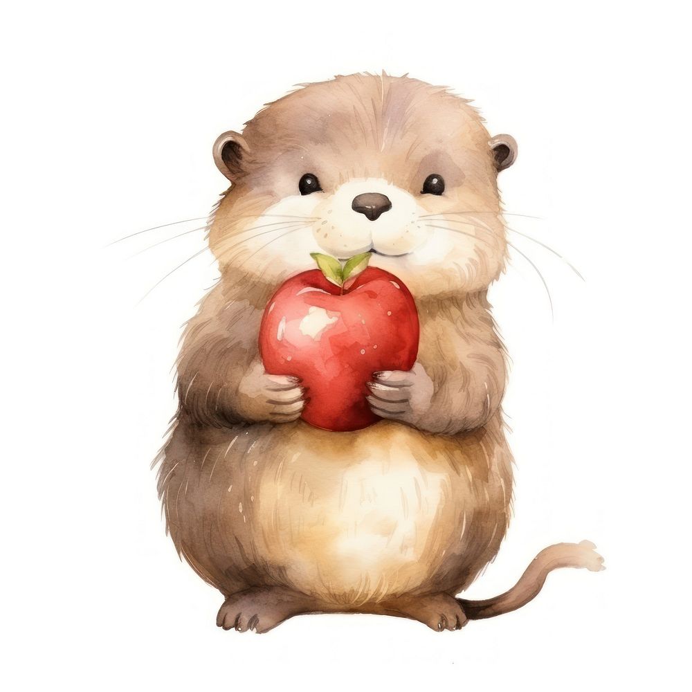 Student otter hugging large apple animal rat cartoon.