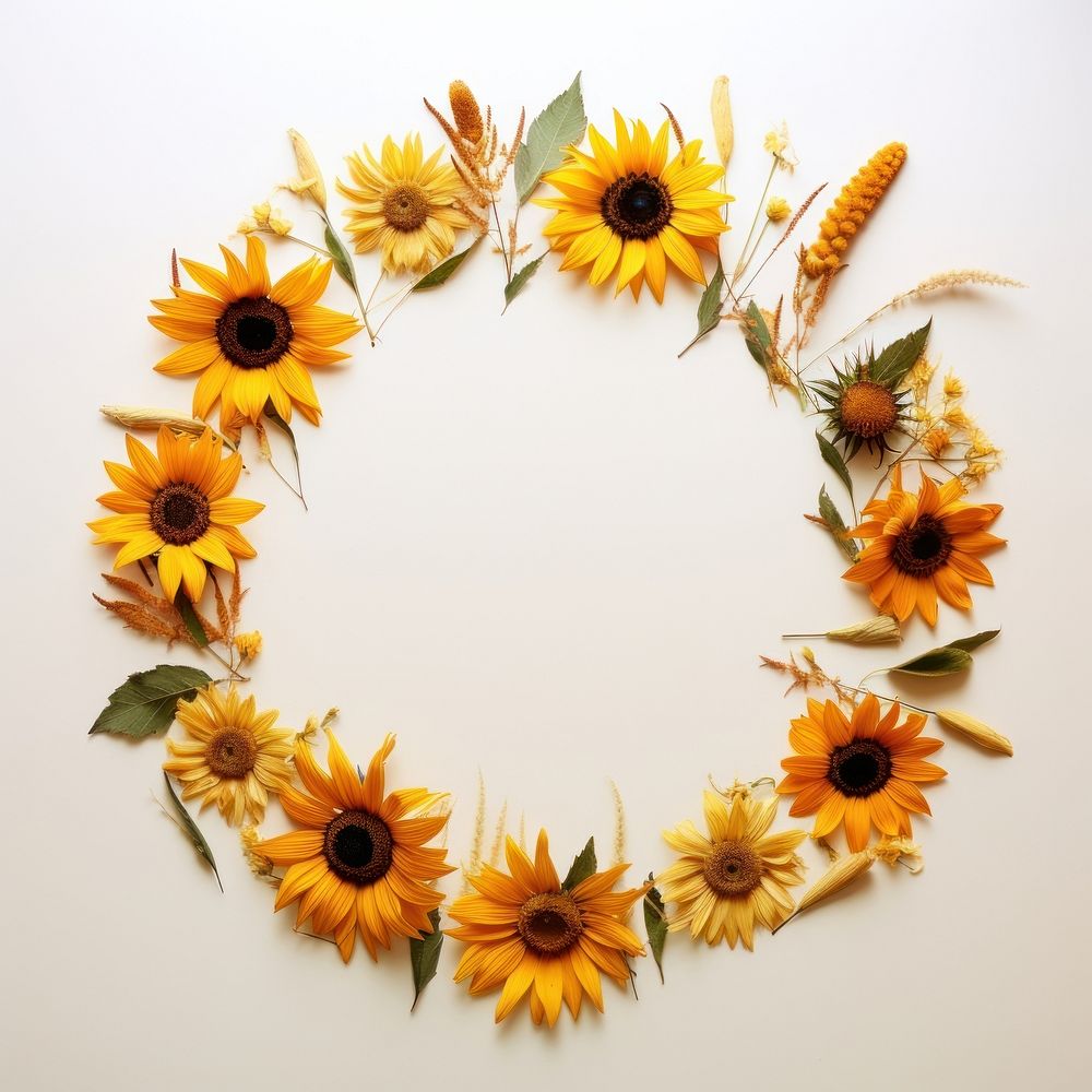 Real pressed sunflower flowers circle plant shape.