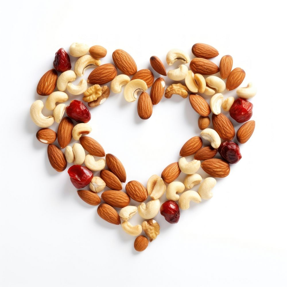 Mixnuts forming heart-shape almond food seed.