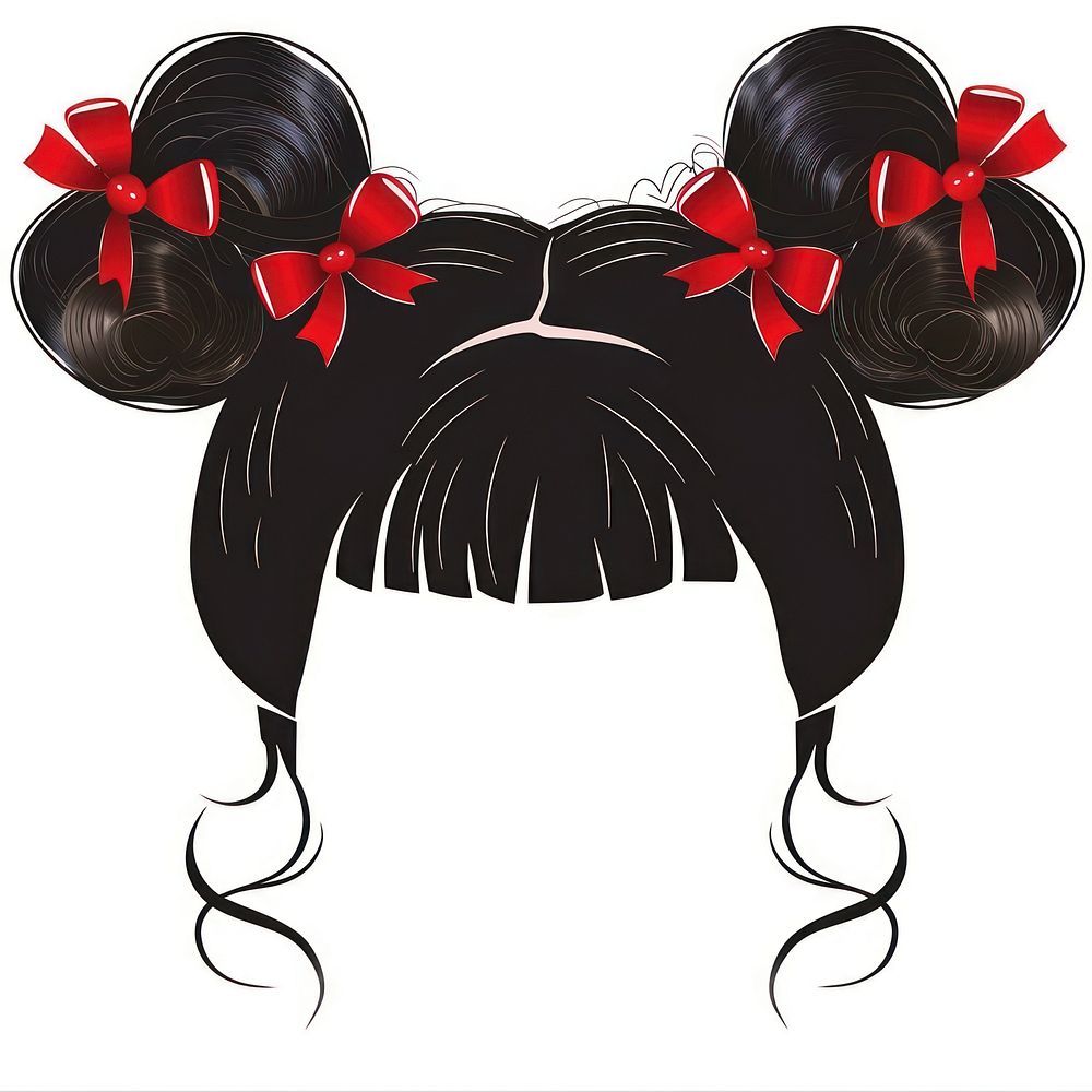 Black buns red bows hairstyle fashion art.
